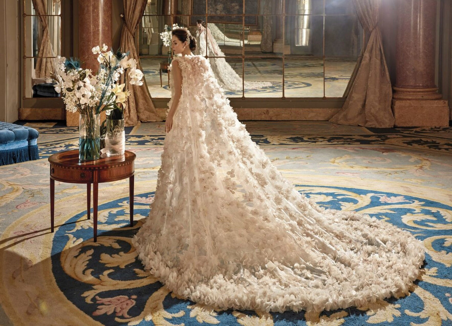 Sleeveless Plunging Neckline Sequin Floral Lace Trumpet Gown With Beaded 3D Floral Motiffs With Matching 3D Motiff Covered Sleeveless Cape