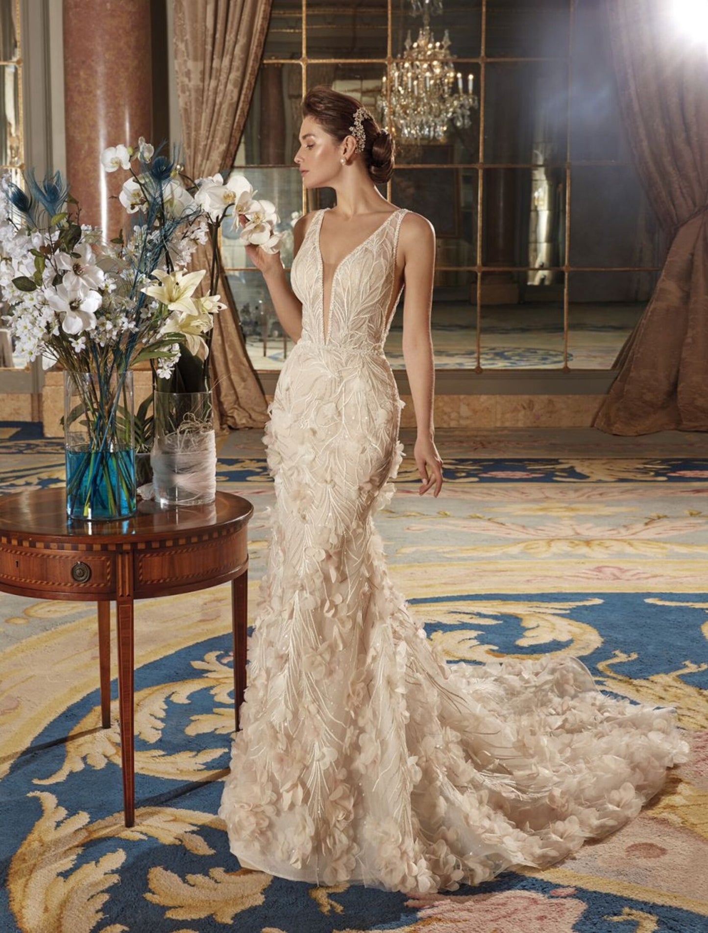 Sleeveless Plunging Neckline Sequin Floral Lace Trumpet Gown With Beaded 3D Floral Motiffs With Matching 3D Motiff Covered Sleeveless Cape