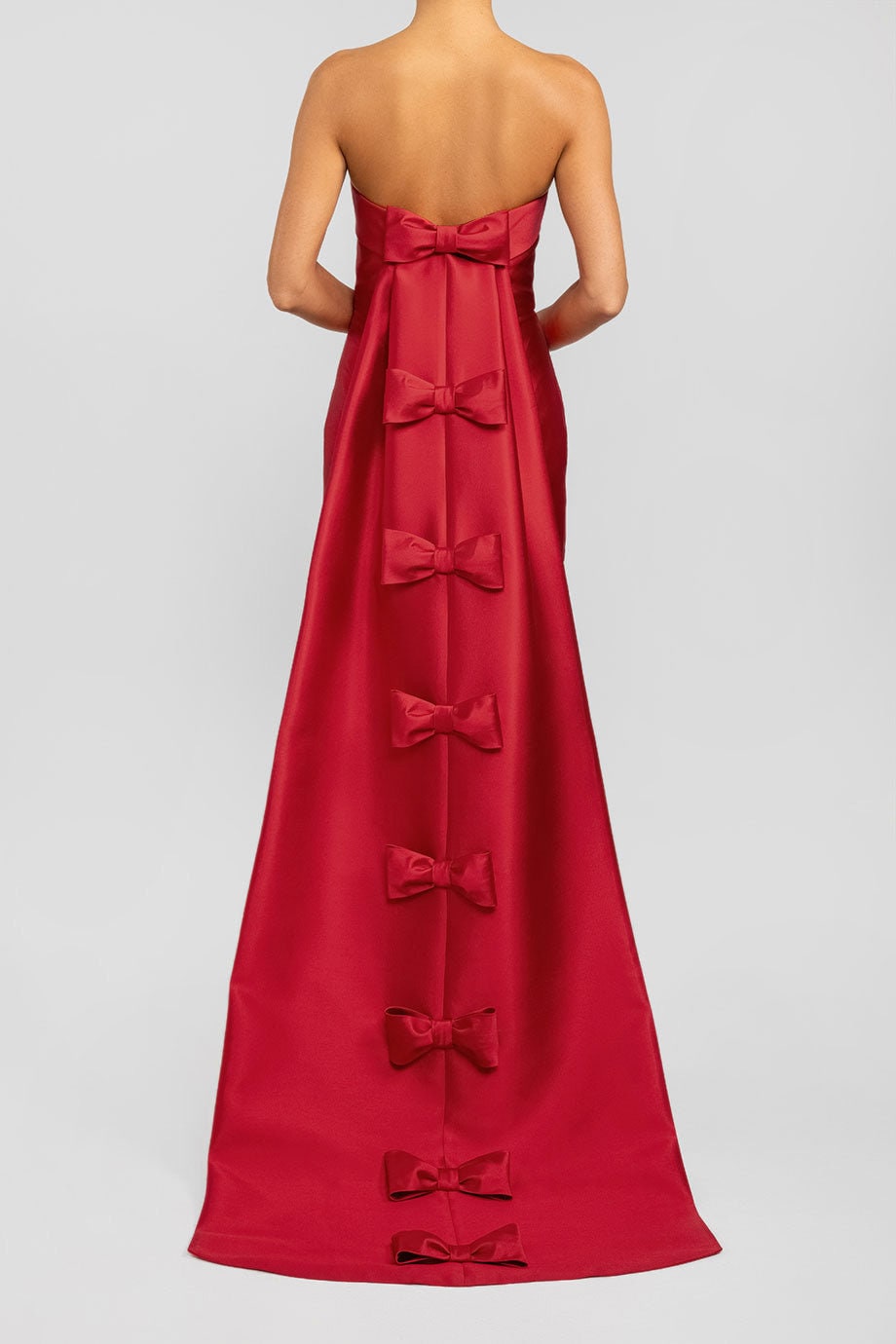 Strapless Satin Folded Boat Neck Pleated Sheath Mother Of The Bride, Special Occasion Gown With Multiple Bow Motiff Detailed Train