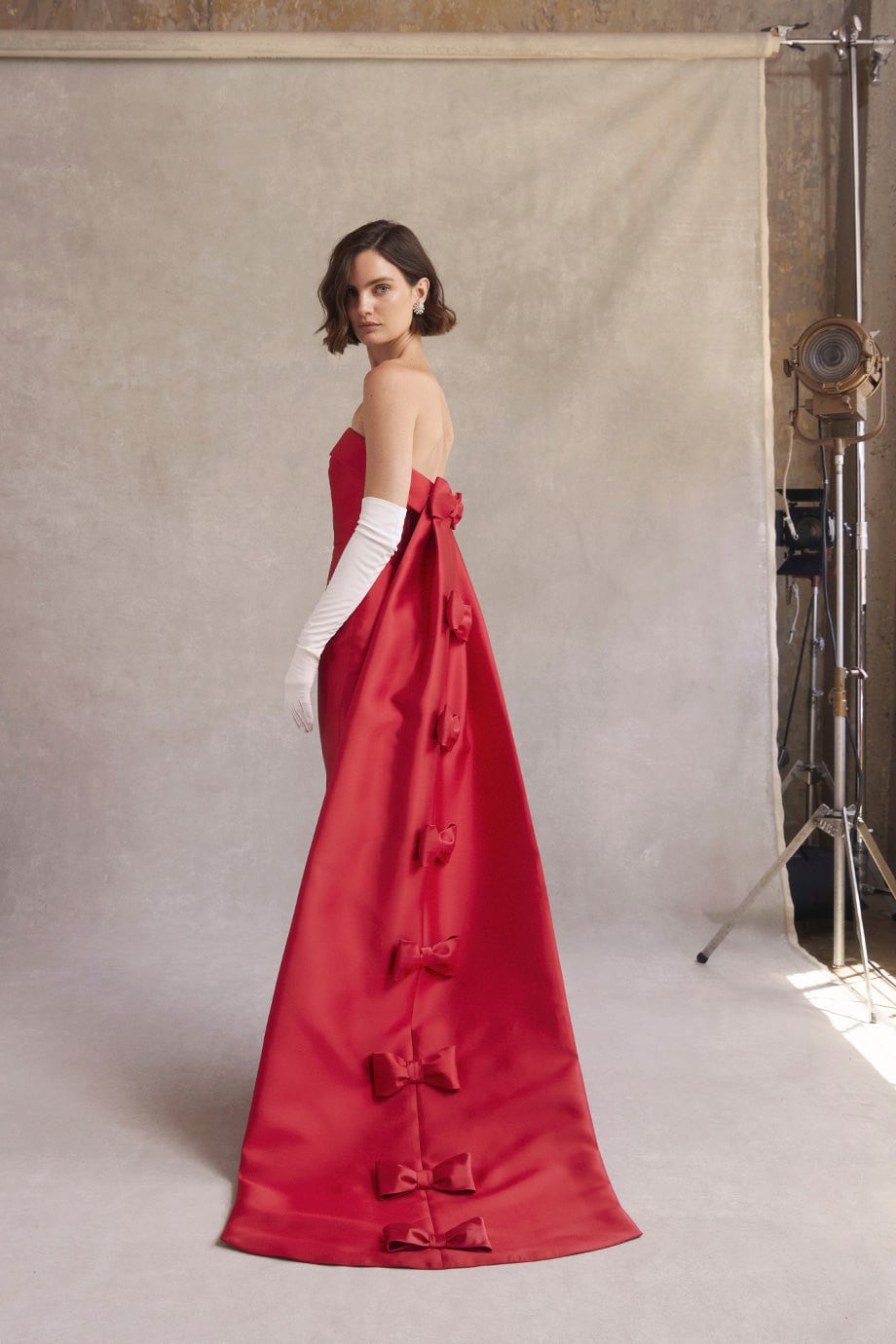 Strapless Satin Folded Boat Neck Pleated Sheath Mother Of The Bride, Special Occasion Gown With Multiple Bow Motiff Detailed Train