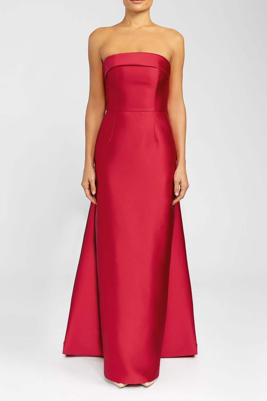 Strapless Satin Folded Boat Neck Pleated Sheath Mother Of The Bride, Special Occasion Gown With Multiple Bow Motiff Detailed Train