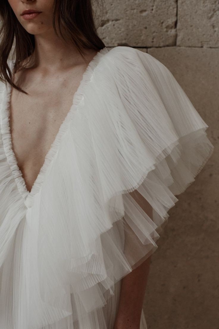 Boho Deep Plunging V Neck And Back Layer Pleated Frill Short Sleeve Fitted Bodice With 3D Floral Appliqué Detail Gown