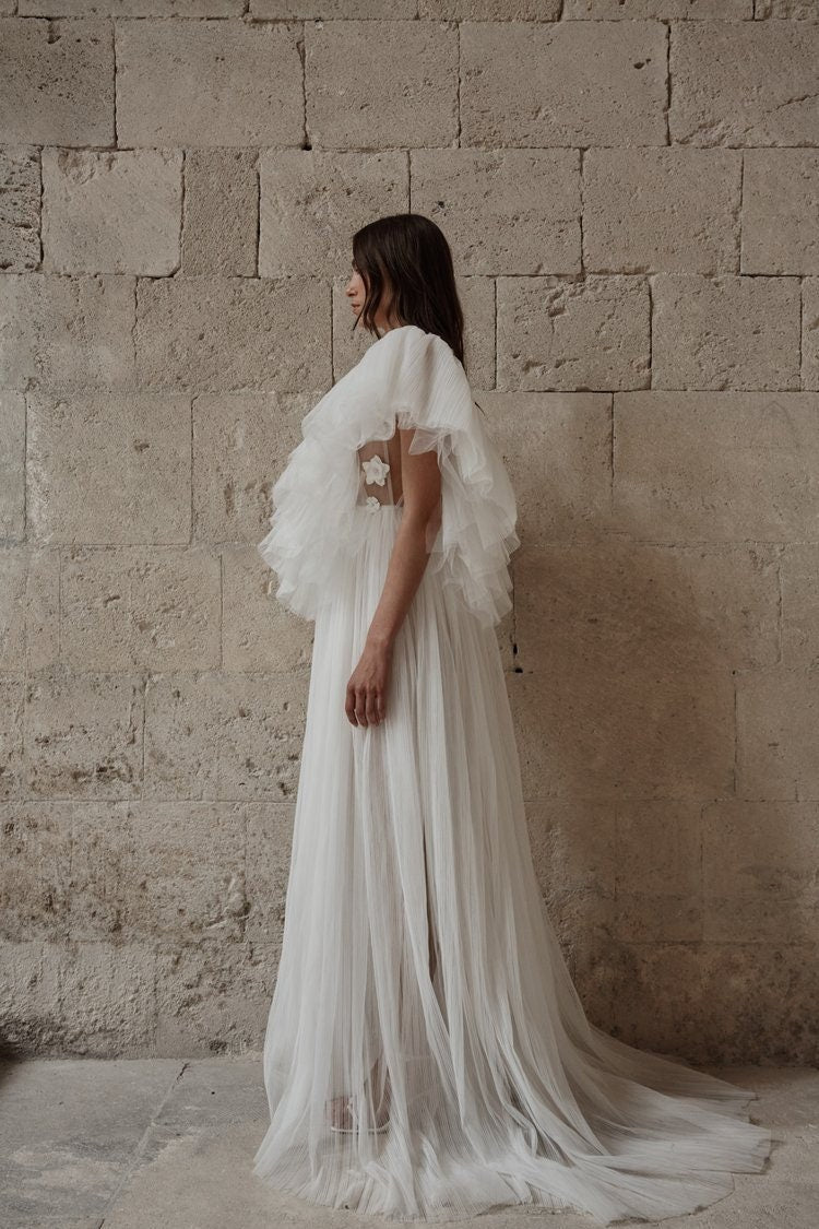 Boho Deep Plunging V Neck And Back Layer Pleated Frill Short Sleeve Fitted Bodice With 3D Floral Appliqué Detail Gown