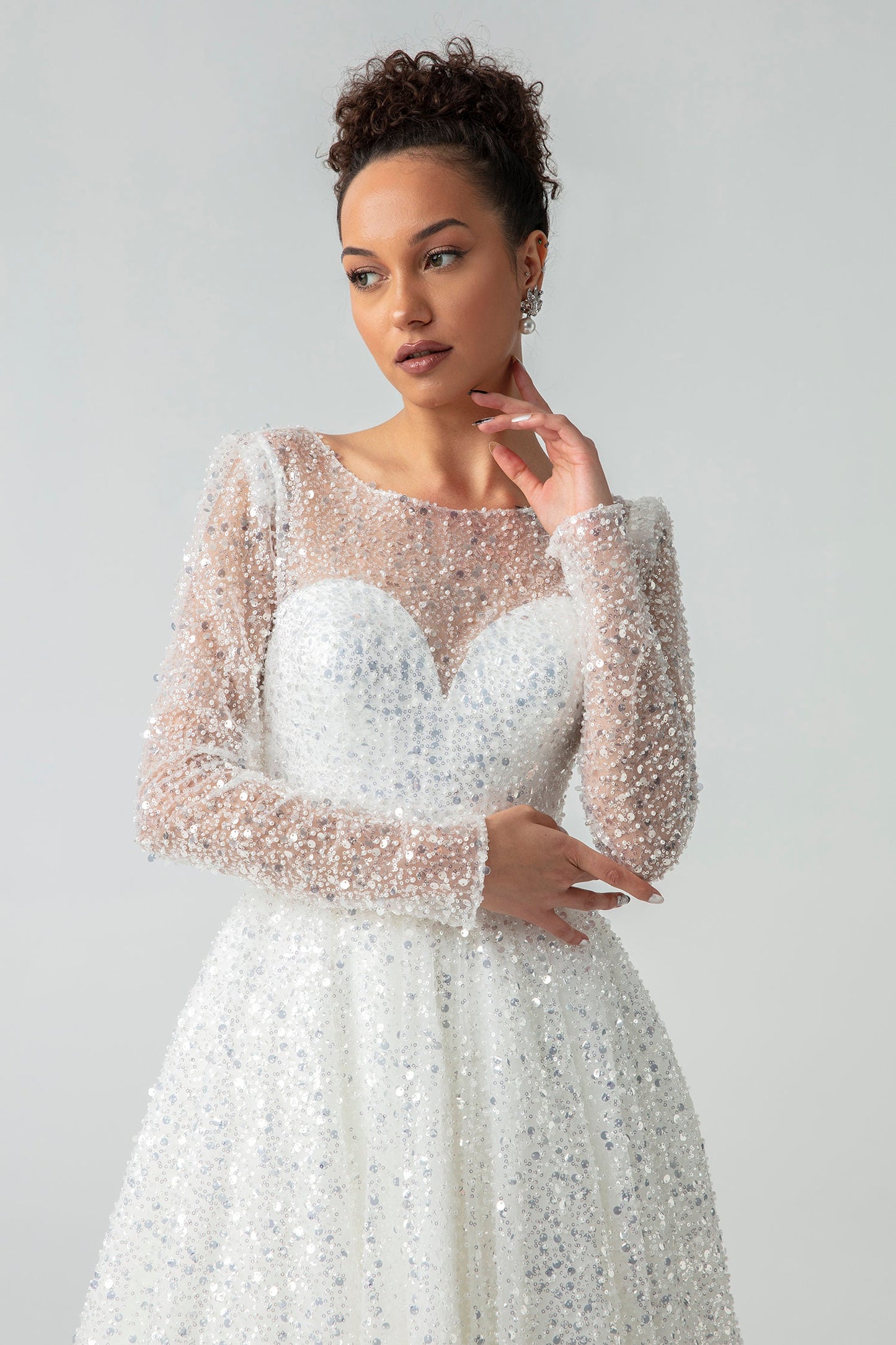 Sparkling Sheer Long Sleeve Sequin Covered Sweetheart A-Line Gown With Open V Back, Bow Knot Sash And Lace Up Enclosure