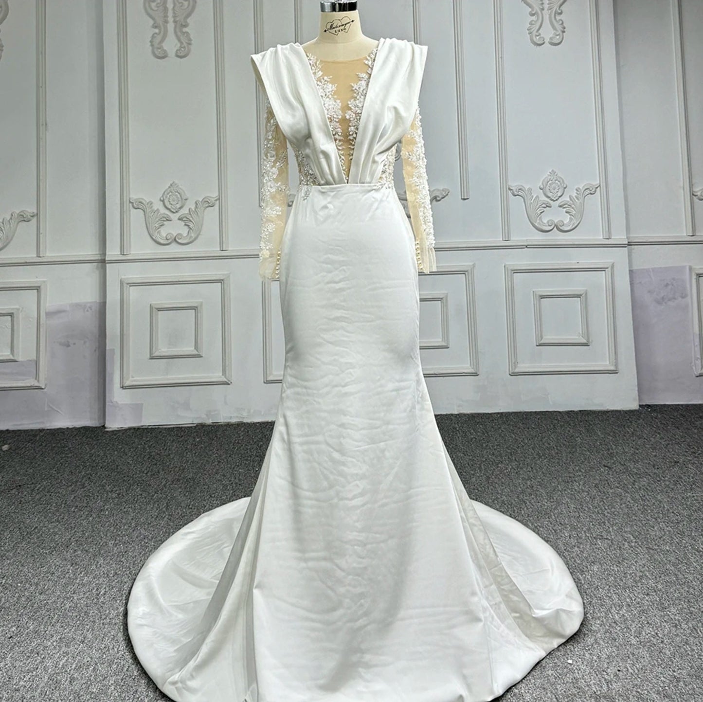 Pleated Plunging Illusion Sheer Floral Sequin Appliqué Long Sleeve Trumpet Bridal Gown With Court Train