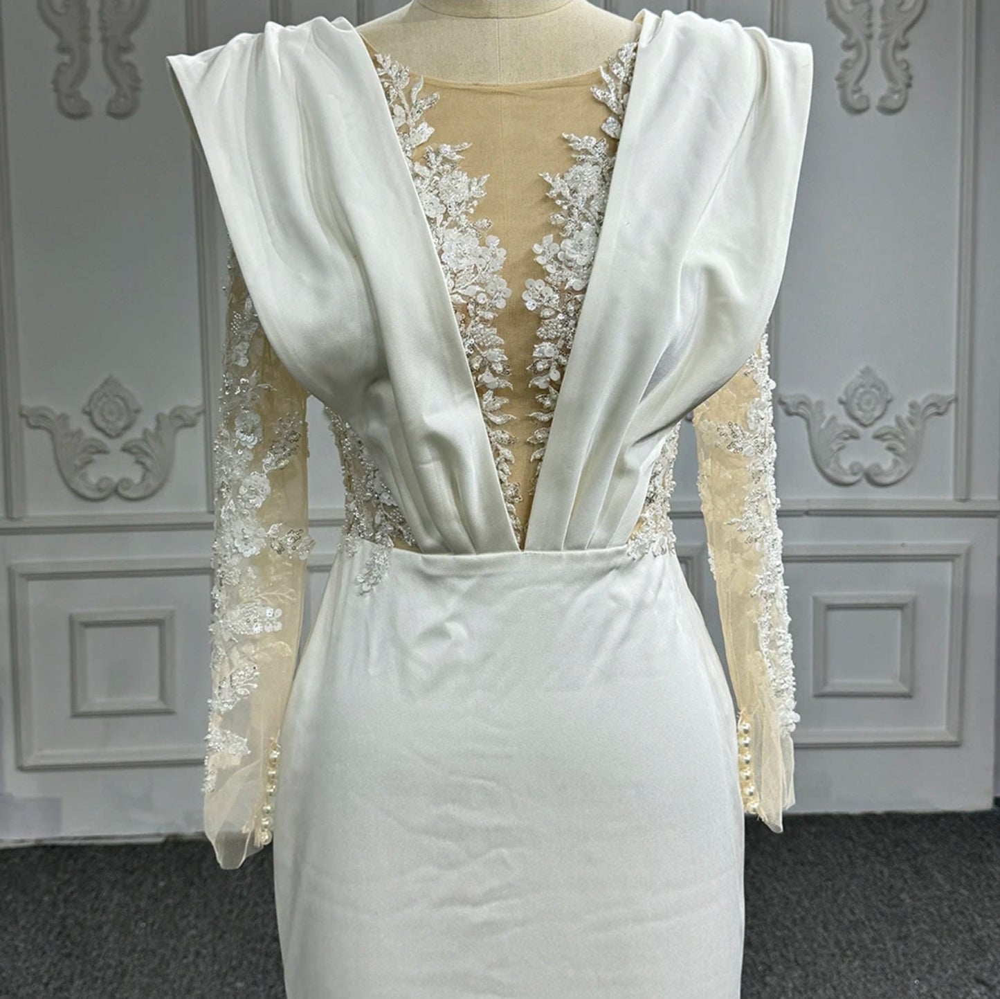 Pleated Plunging Illusion Sheer Floral Sequin Appliqué Long Sleeve Trumpet Bridal Gown With Court Train