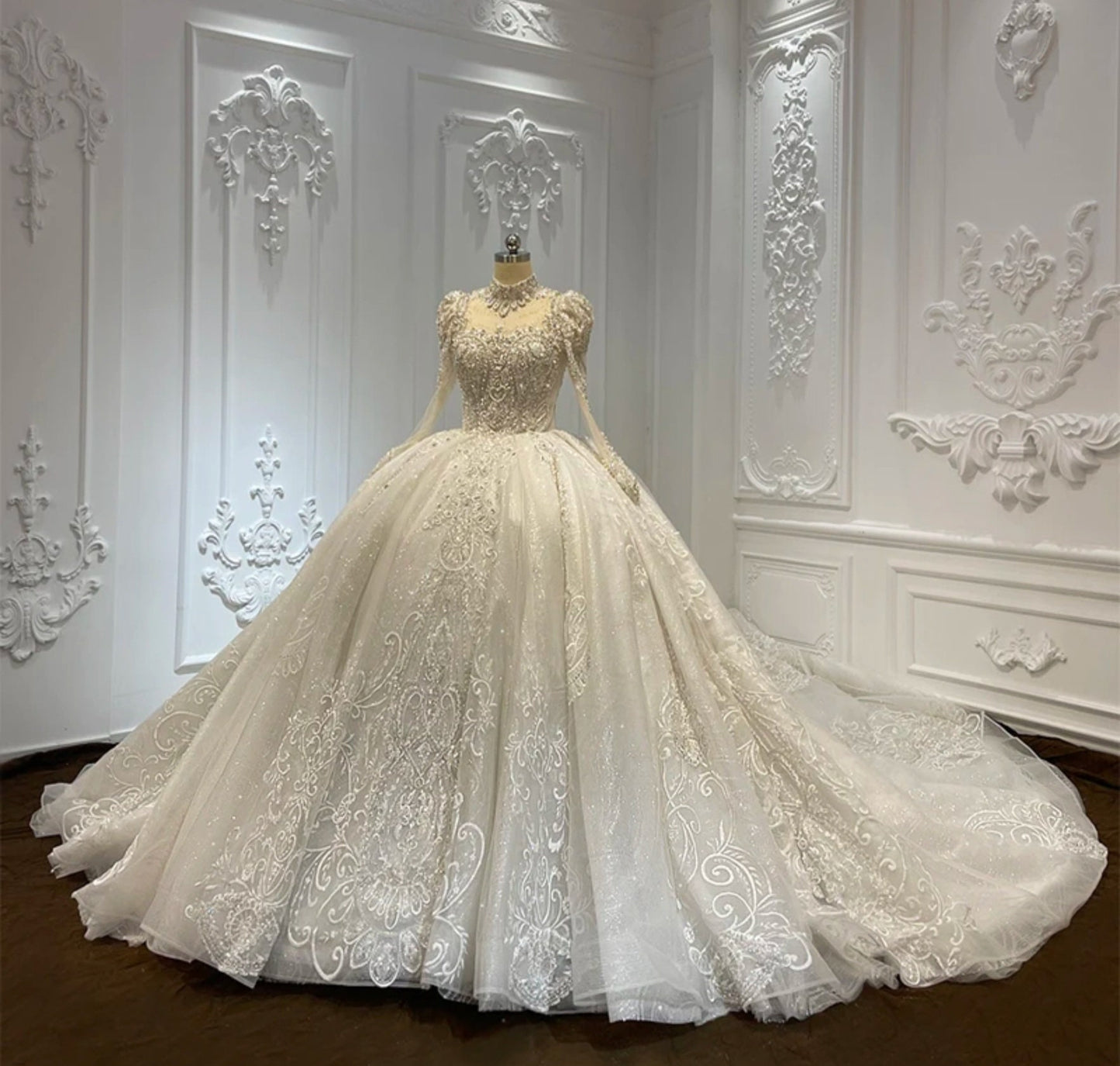 Modern Mid Neck Choker Fairytale Princess Bride Long Sleeve Multi Beaded Sweetheart A-Line Gown With Heart Embellishments