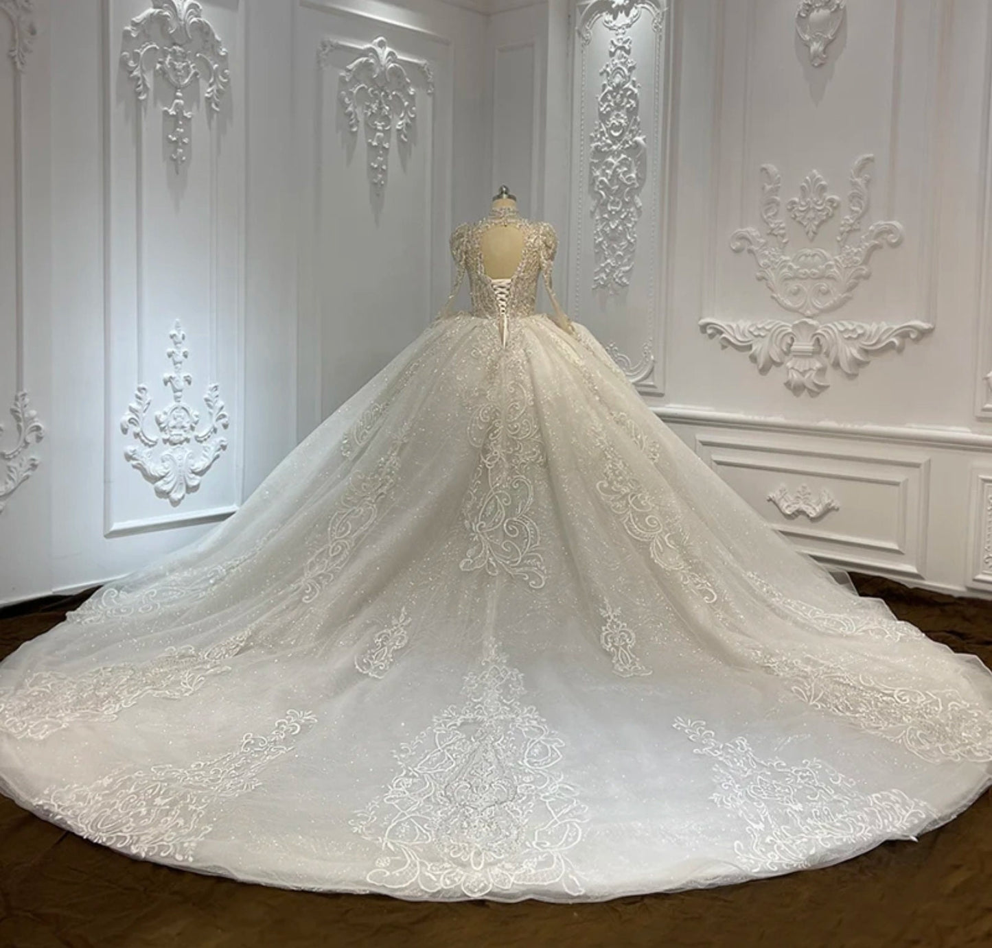 Modern Mid Neck Choker Fairytale Princess Bride Long Sleeve Multi Beaded Sweetheart A-Line Gown With Heart Embellishments