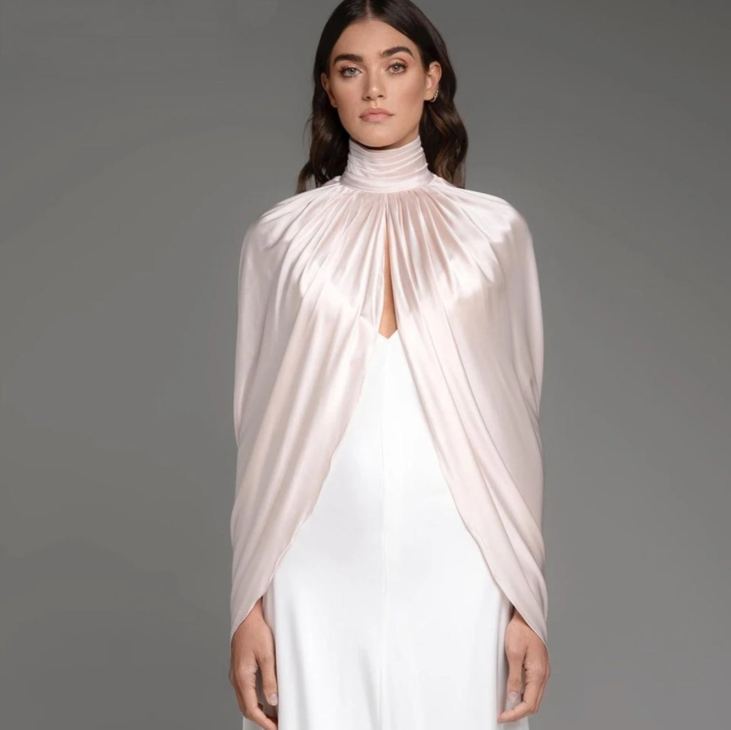 Silk Satin Pleated High Neck Draped Bolero Cape Wrap