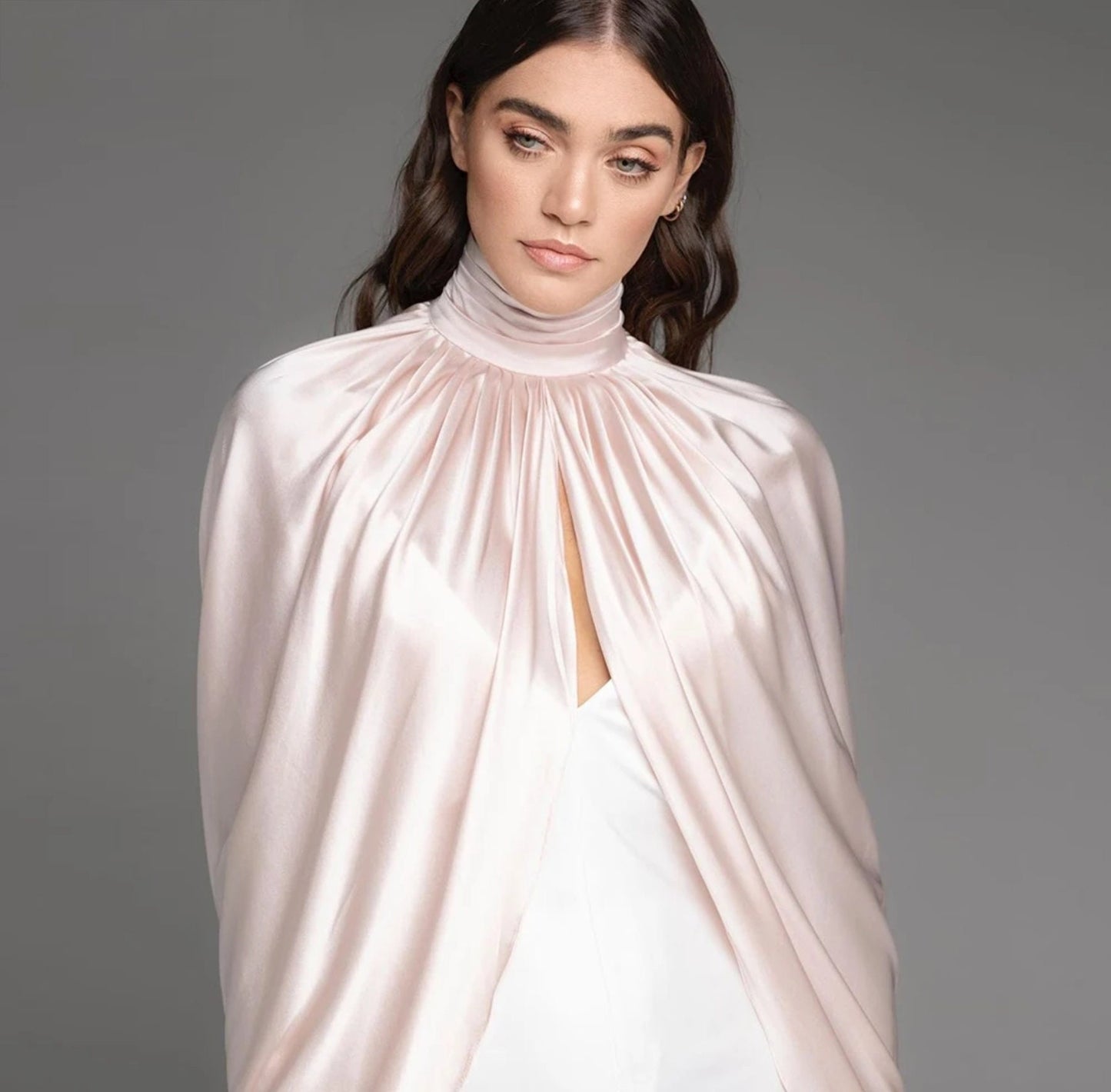 Silk Satin Pleated High Neck Draped Bolero Cape Wrap