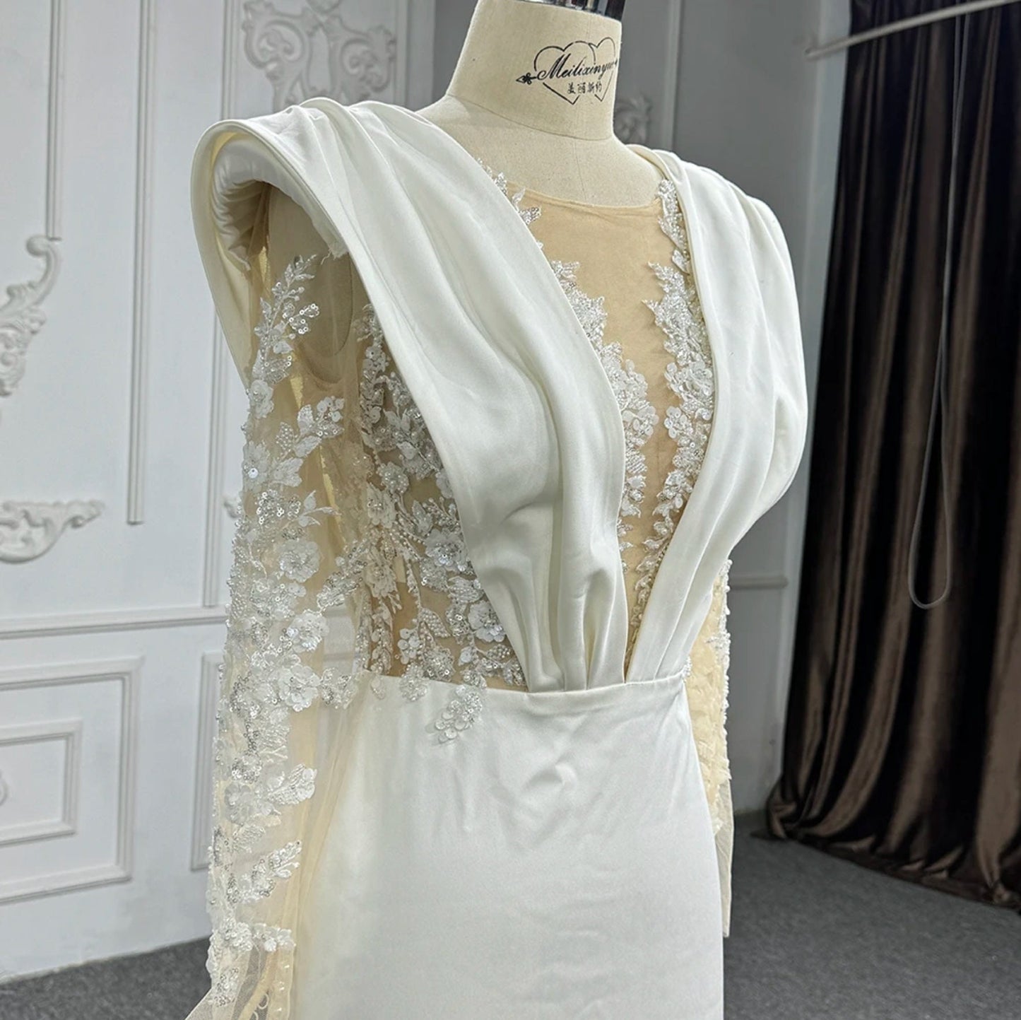 Pleated Plunging Illusion Sheer Floral Sequin Appliqué Long Sleeve Trumpet Bridal Gown With Court Train