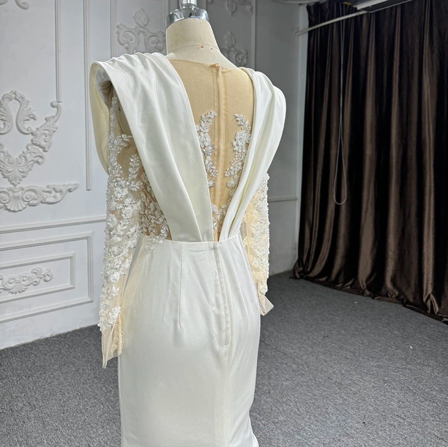 Pleated Plunging Illusion Sheer Floral Sequin Appliqué Long Sleeve Trumpet Bridal Gown With Court Train