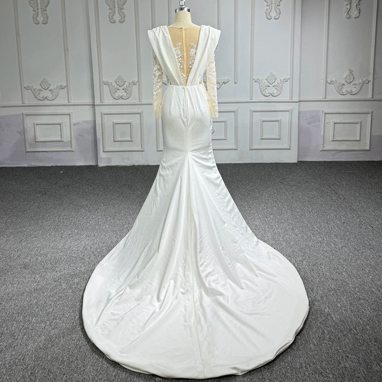Pleated Plunging Illusion Sheer Floral Sequin Appliqué Long Sleeve Trumpet Bridal Gown With Court Train