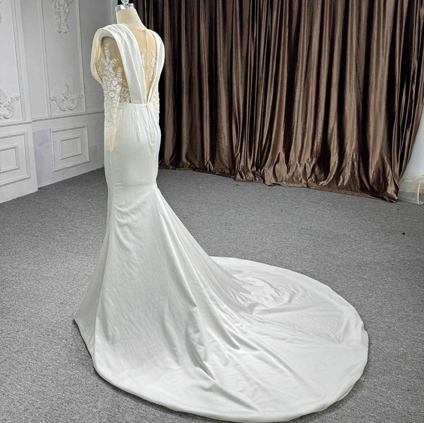 Pleated Plunging Illusion Sheer Floral Sequin Appliqué Long Sleeve Trumpet Bridal Gown With Court Train