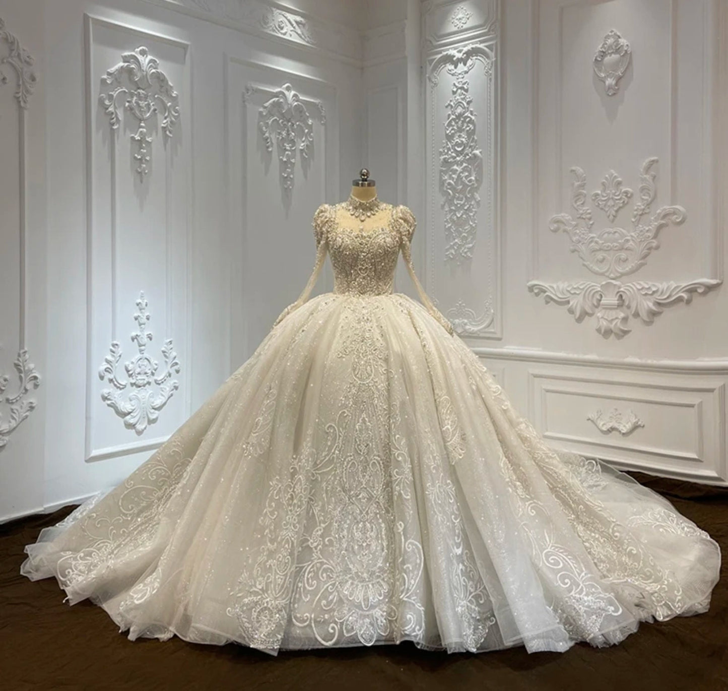 Modern Mid Neck Choker Fairytale Princess Bride Long Sleeve Multi Beaded Sweetheart A-Line Gown With Heart Embellishments