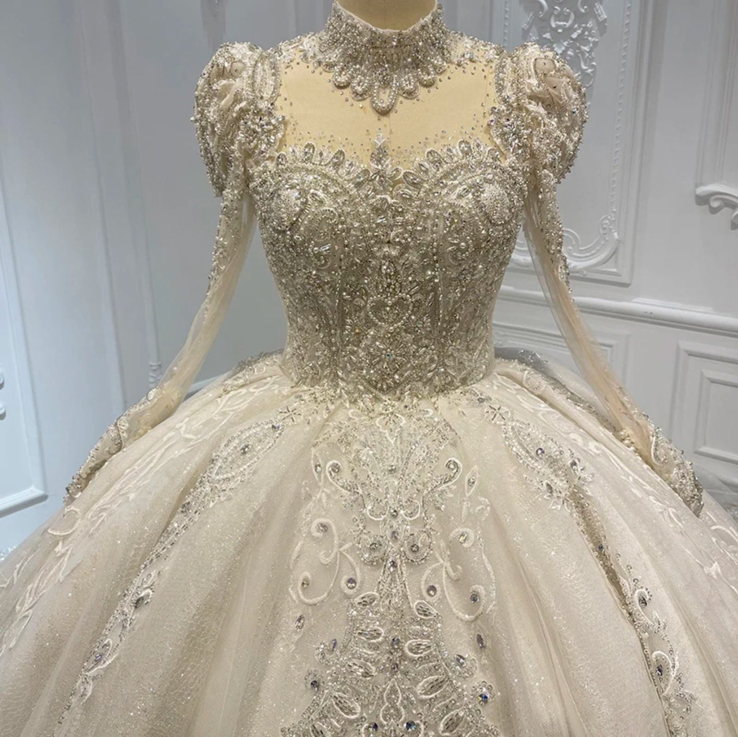 Modern Mid Neck Choker Fairytale Princess Bride Long Sleeve Multi Beaded Sweetheart A-Line Gown With Heart Embellishments