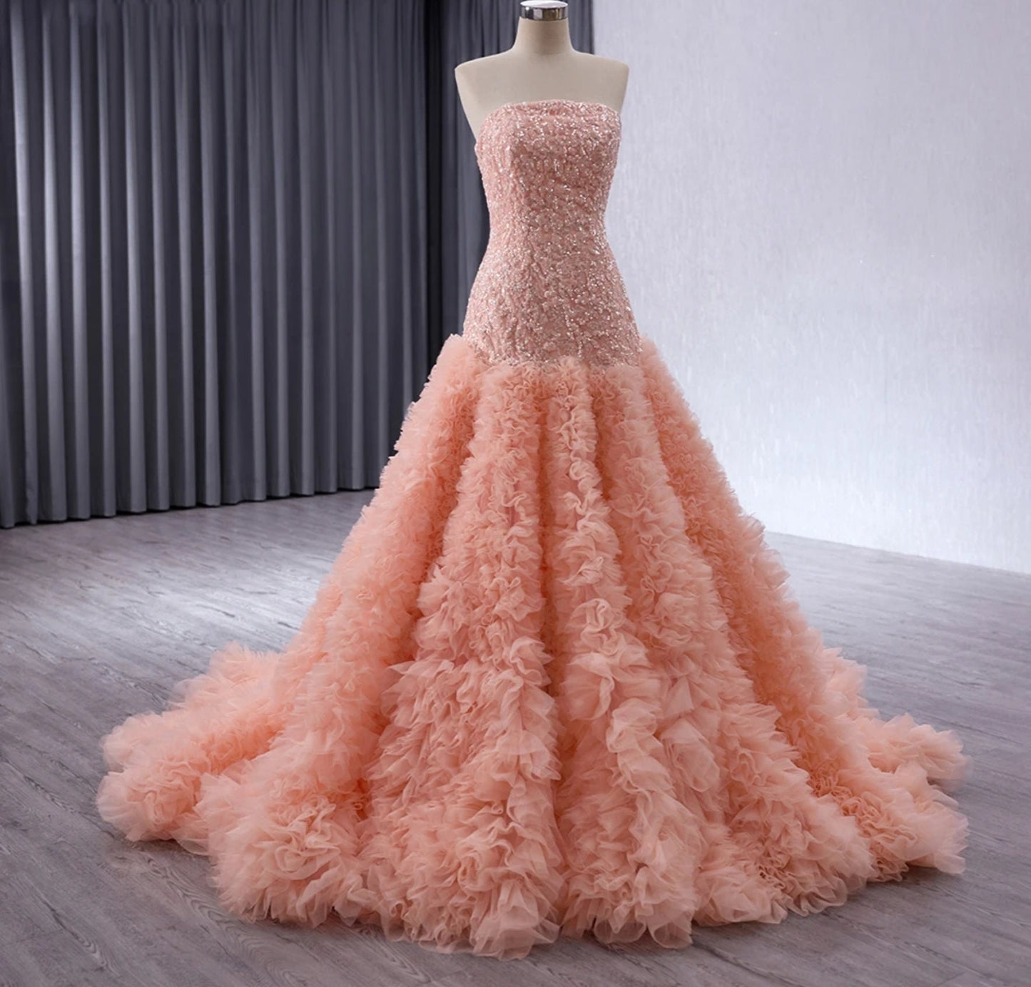 Fit To Flare Layered & Ruffle Frill Sequinned Strapless Boat Neck Special Occasion, Mother Of The Bride, Event, Gala, Prom Gown