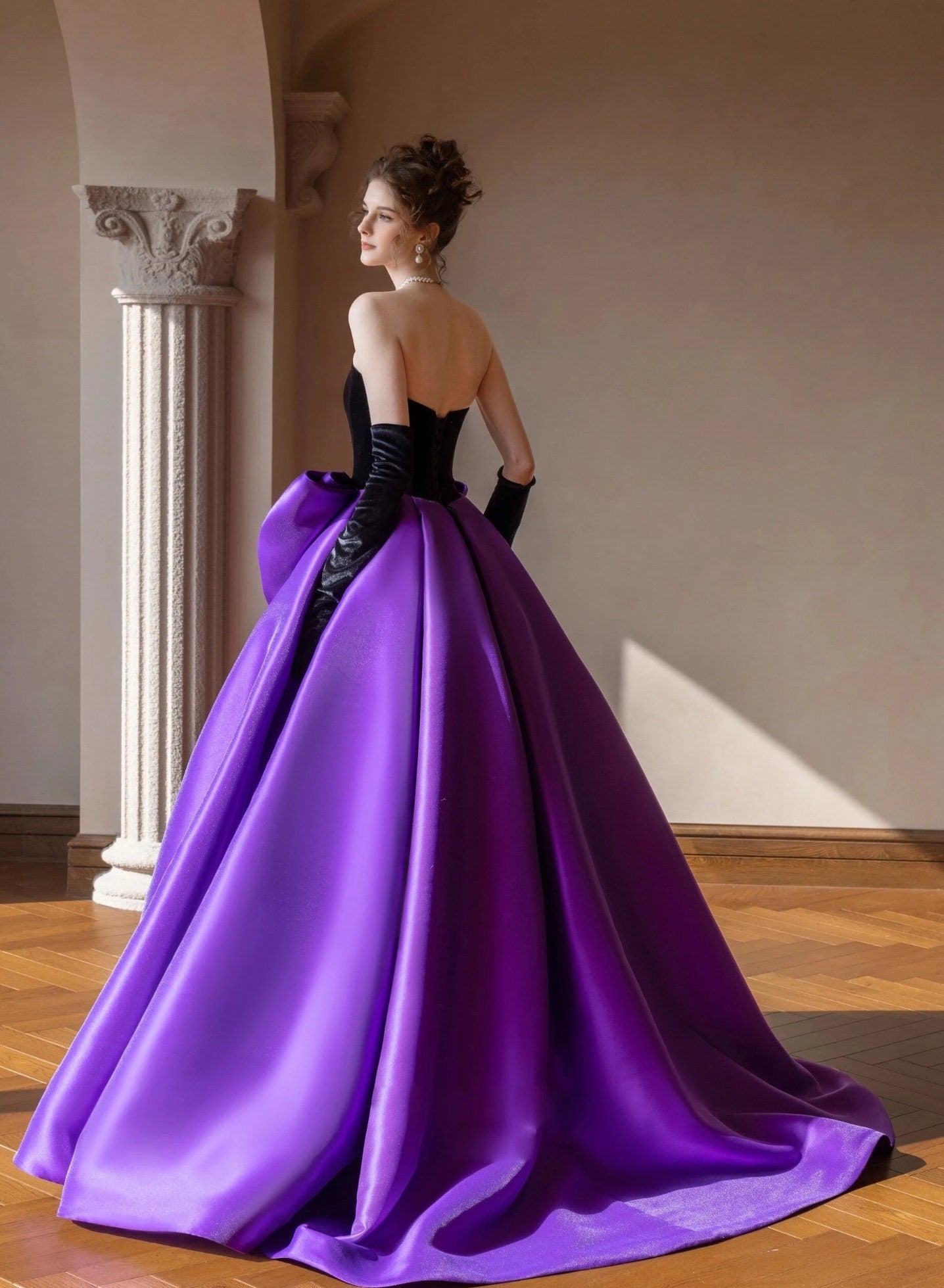 Velvet & Satin Strapless Sweetheart A-Line Special Occasion, Prom, Event, Gala Ball Gown With Oversized Front Bow Knot Detail
