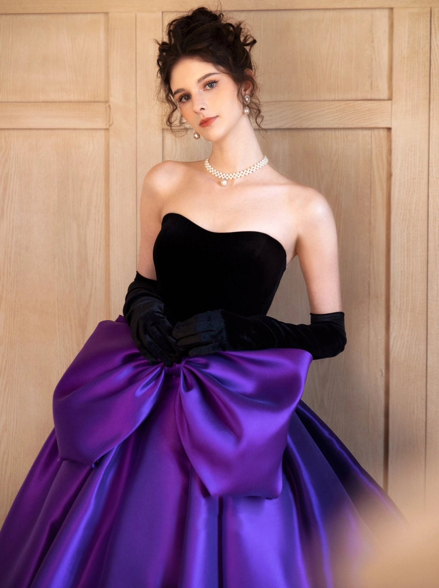 Velvet & Satin Strapless Sweetheart A-Line Special Occasion, Prom, Event, Gala Ball Gown With Oversized Front Bow Knot Detail