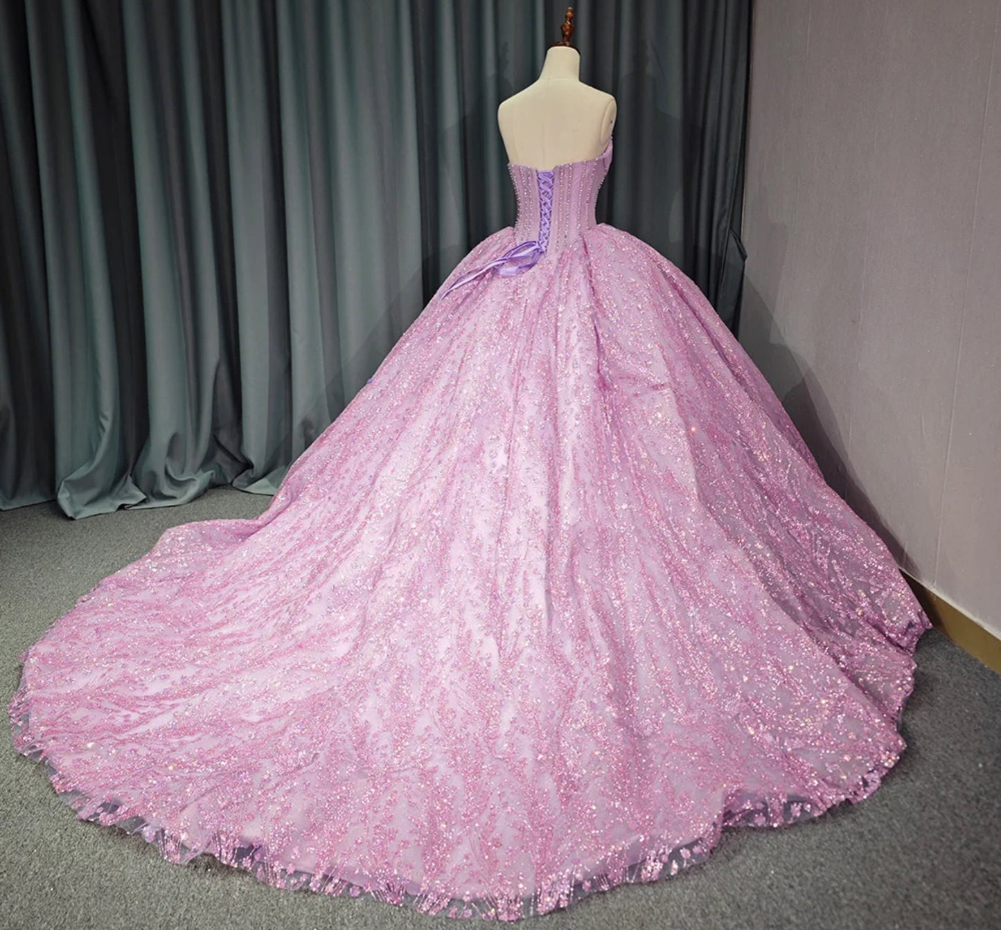 Shimmering Sequinned Scoop Neck Lined Beaded Pleated Overlay Corset Style A-Line Special Occasion, Quinceañera, Sweet 16, Event Ball Gown