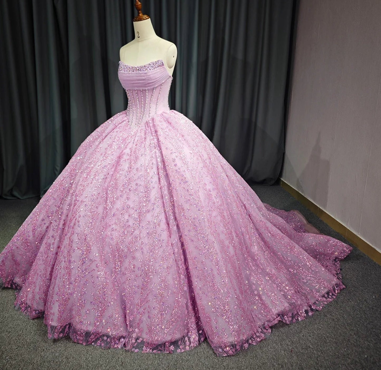 Shimmering Sequinned Scoop Neck Lined Beaded Pleated Overlay Corset Style A-Line Special Occasion, Quinceañera, Sweet 16, Event Ball Gown