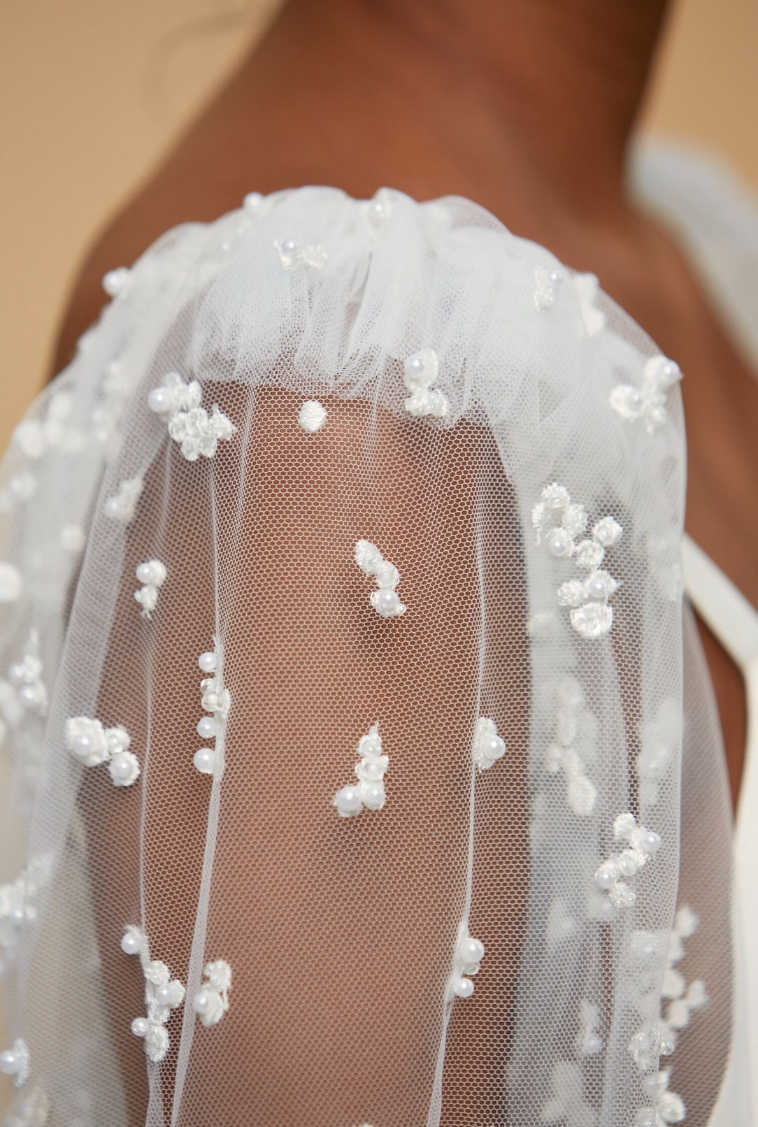 Embroidered Pearl Beaded Dotted Sheer Short Sleeve Cape