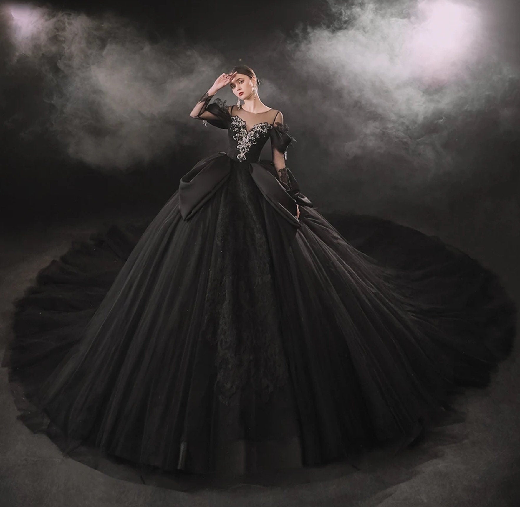 black sheer illusion dress Embroidered A-Line Dress with Sheer Illusion Neckline Black / FR 42