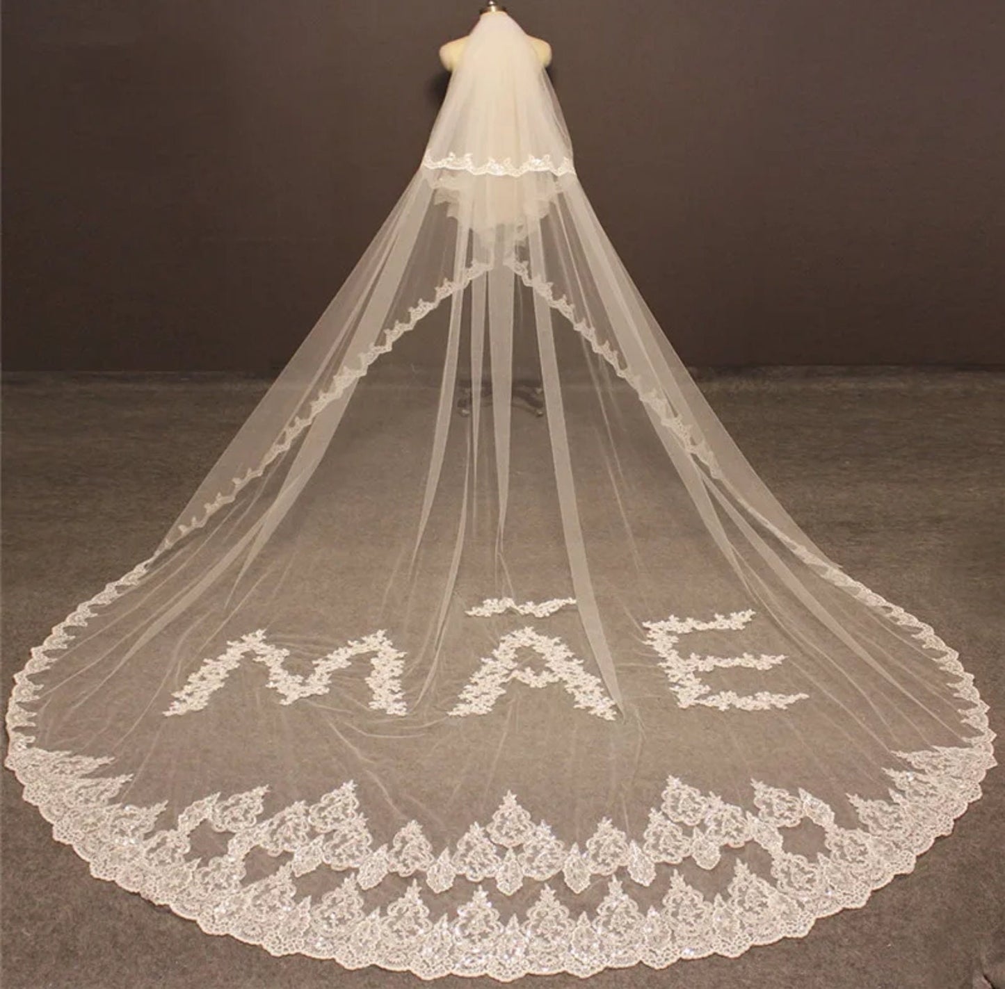 Customized Name Sequinned Lace Edged Bridal Veil