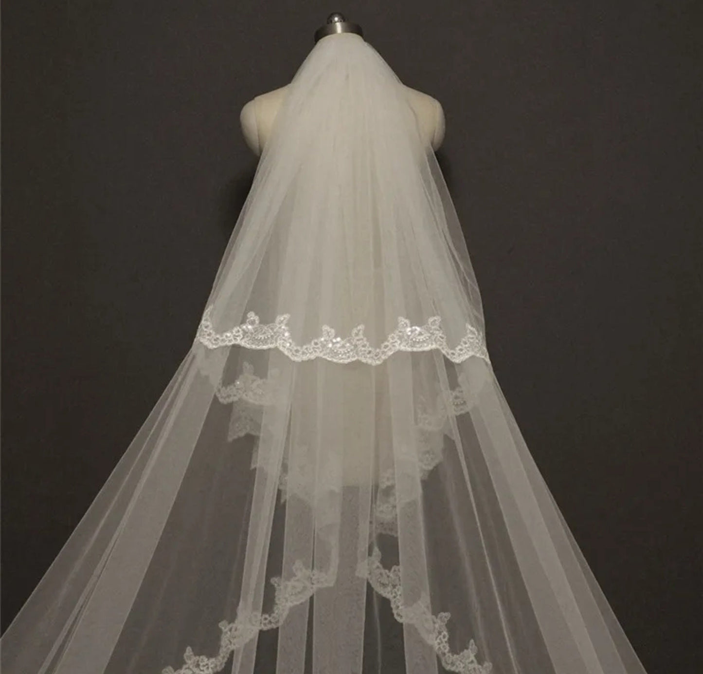 Customized Name Sequinned Lace Edged Bridal Veil
