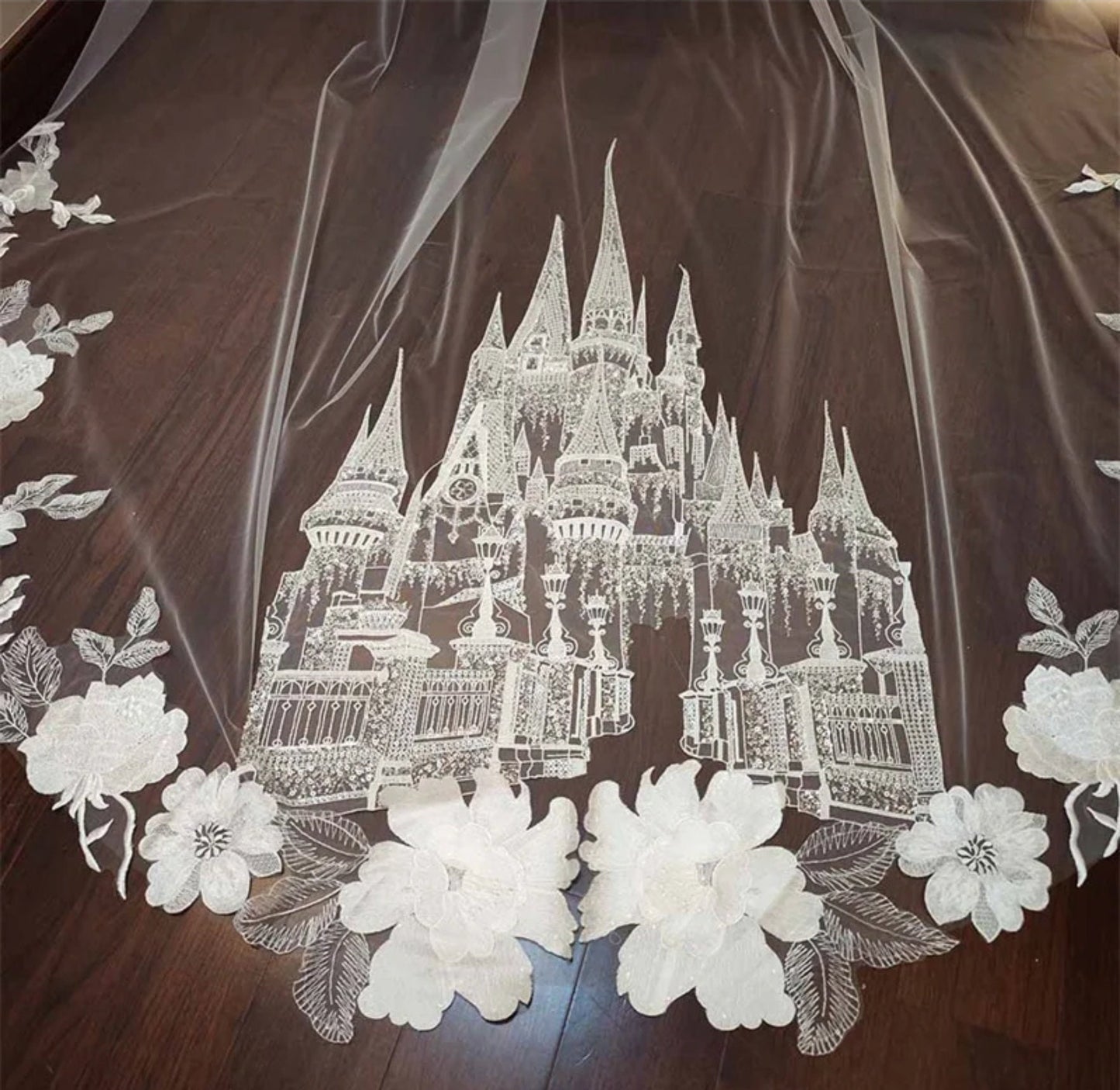 Single Tier Sequinned Floral Lace Princess Castle Bridal Veil