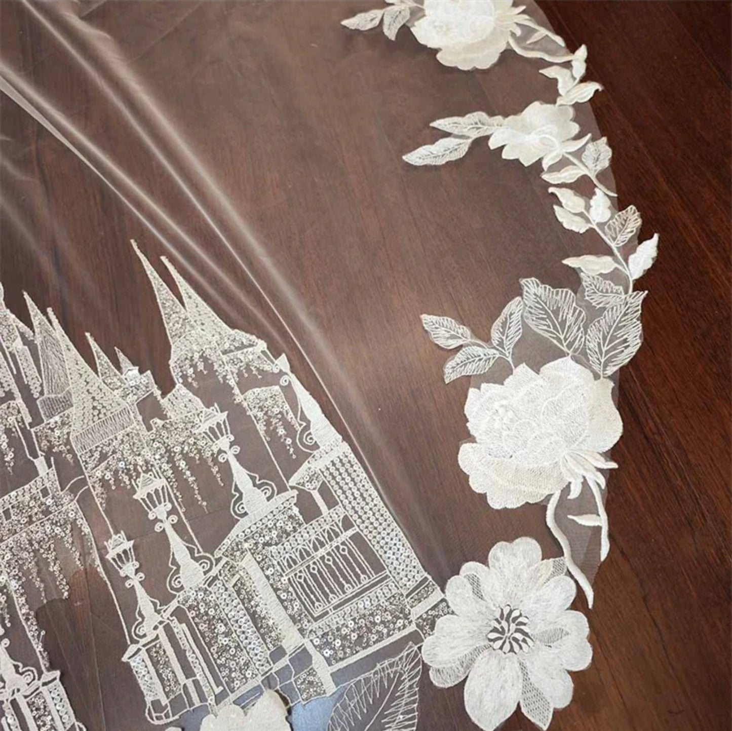 Single Tier Sequinned Floral Lace Princess Castle Bridal Veil