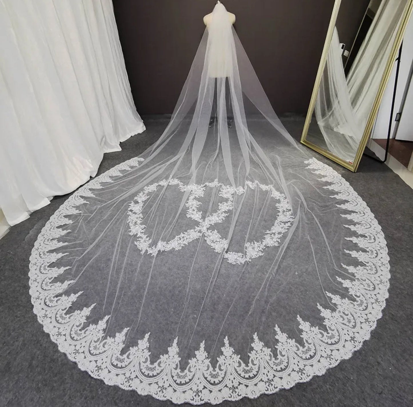 Double Center Heart Lace Appliqué With Lace Eyelash Trim Single Layer Cathedral Bridal Veil