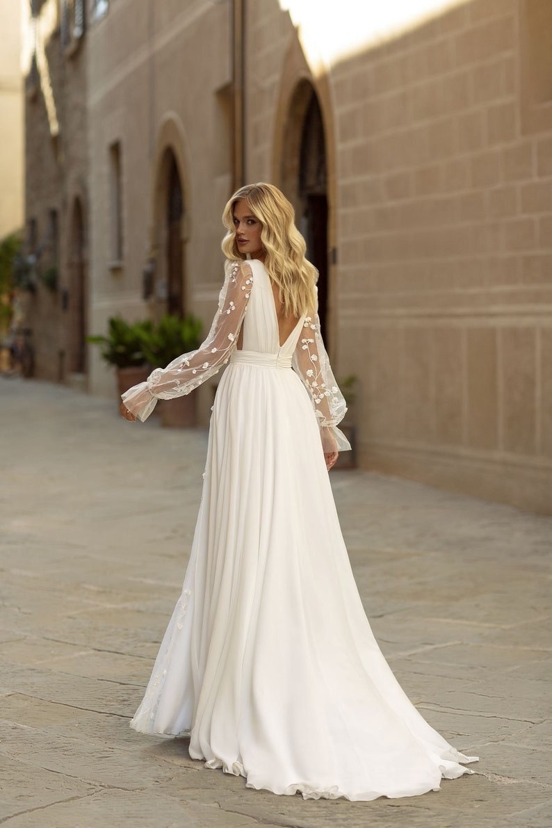 Floral Lace Chiffon Long Sleeve Plunging V Neckline Civil Ceremony, Vow Renewal, Bridal Gown