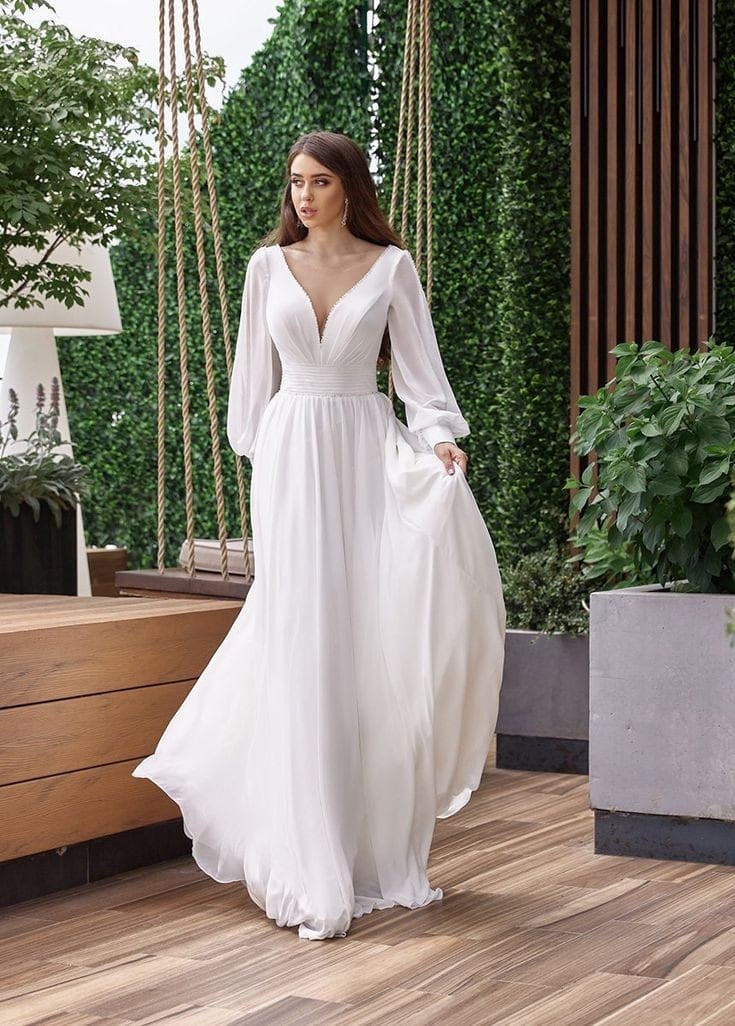 Long Sleeve Multi Beaded Cold Shoulder Plunging V Neck Pleated Waistline Chiffon A-Line Minimalist Bridal, Civil Ceremony, Vow Renewal Gown