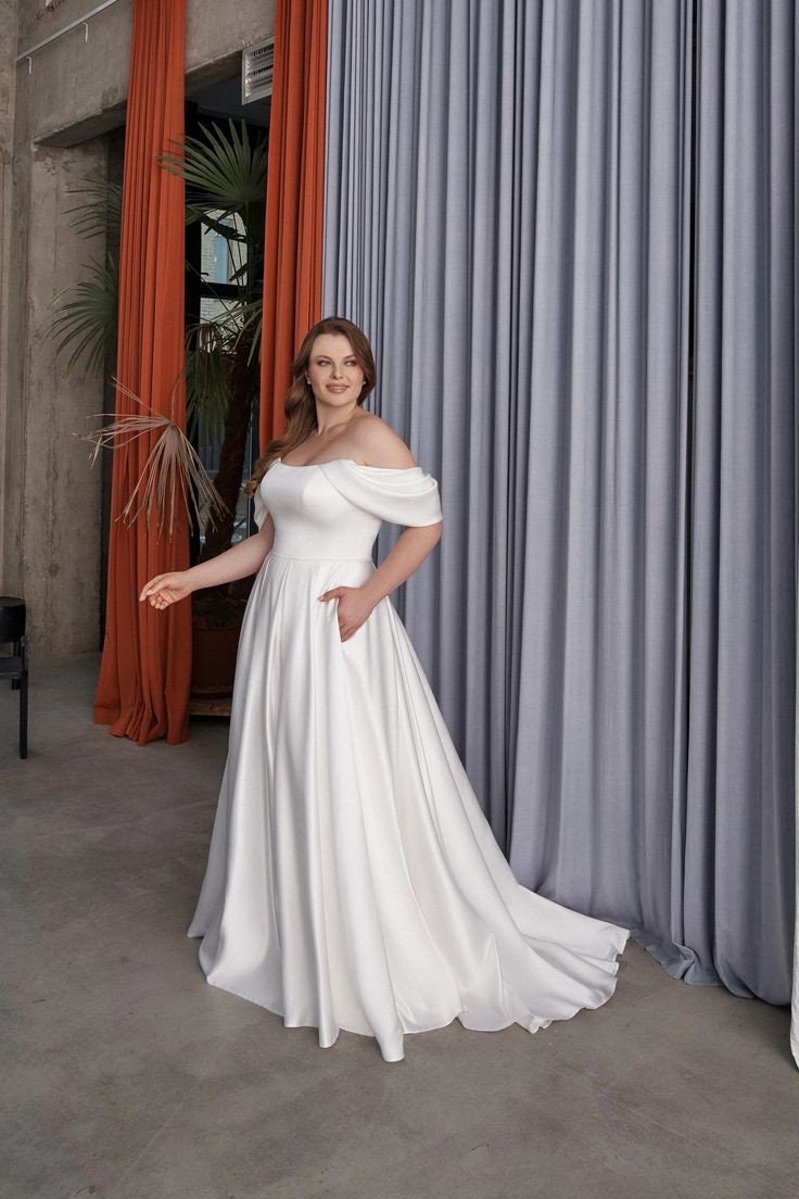 Minimalist 2024 Draped Pleated Off The Shoulder Scoop Neck Beaded Waistline Bridal Gown