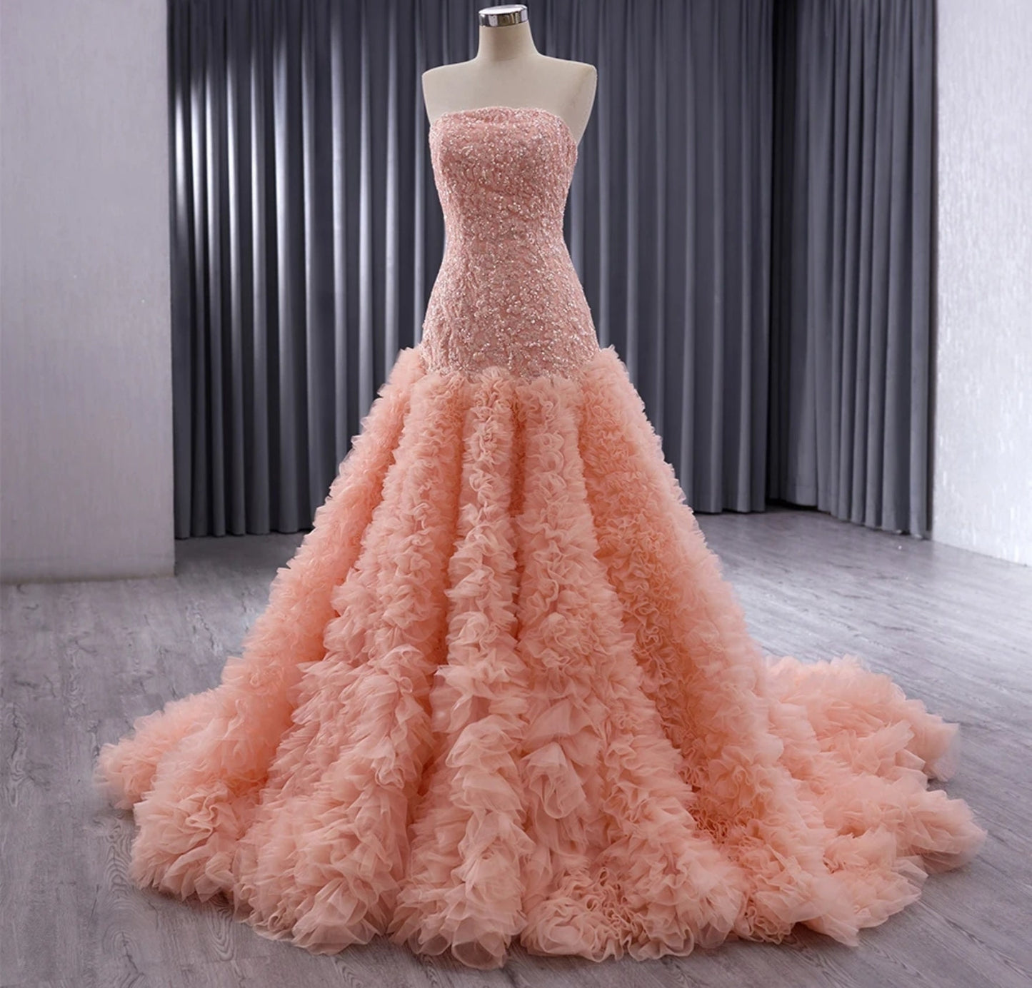 Fit To Flare Layered & Ruffle Frill Sequinned Strapless Boat Neck Special Occasion, Mother Of The Bride, Event, Gala, Prom Gown