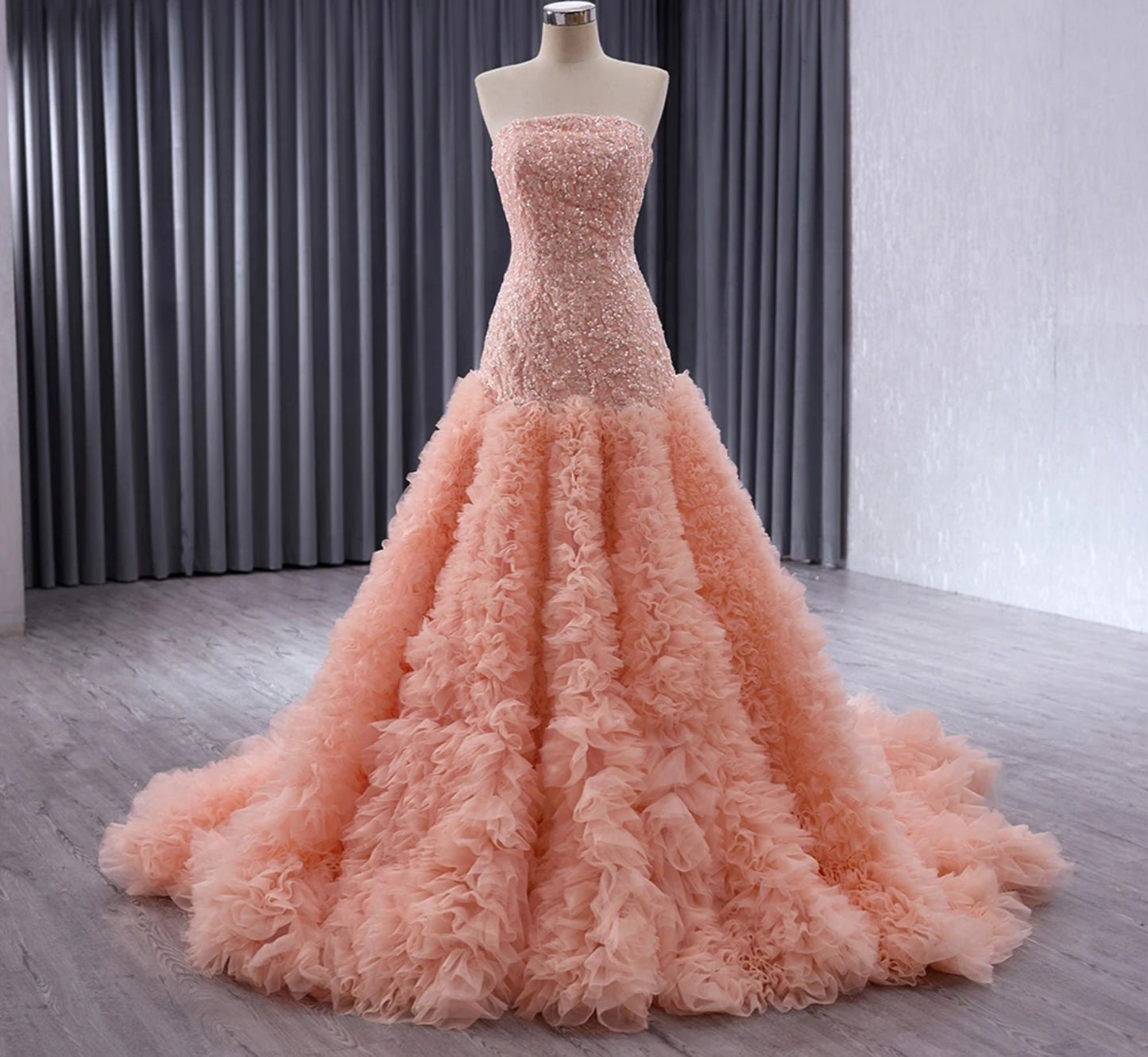 Fit To Flare Layered & Ruffle Frill Sequinned Strapless Boat Neck Special Occasion, Mother Of The Bride, Event, Gala, Prom Gown