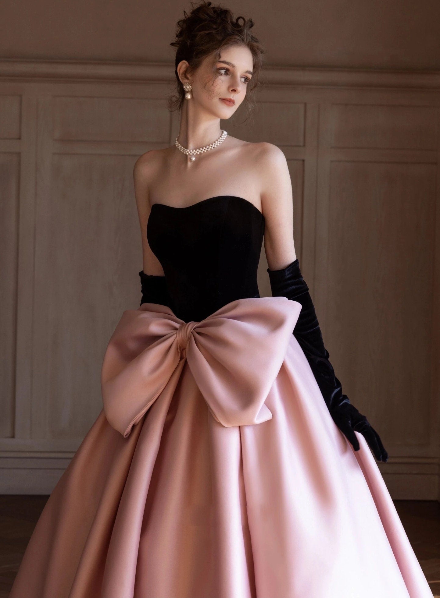 Velvet & Satin Strapless Sweetheart A-Line Special Occasion, Prom, Event, Gala Ball Gown With Oversized Front Bow Knot Detail