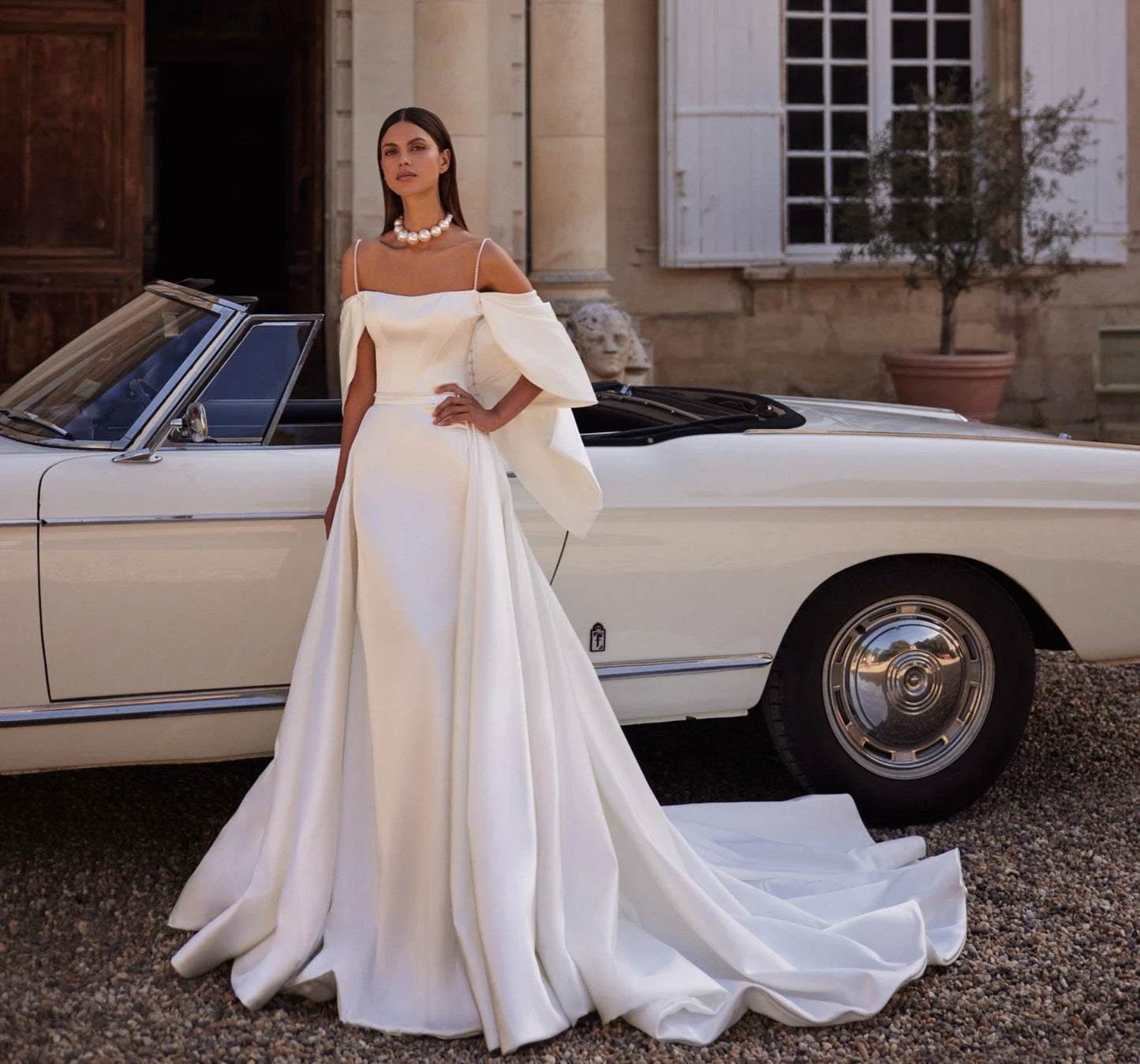 Draped Off The Shoulder Beaded Spaghetti Strap And Waistline Sheath Bridal Gown With Detachable Train