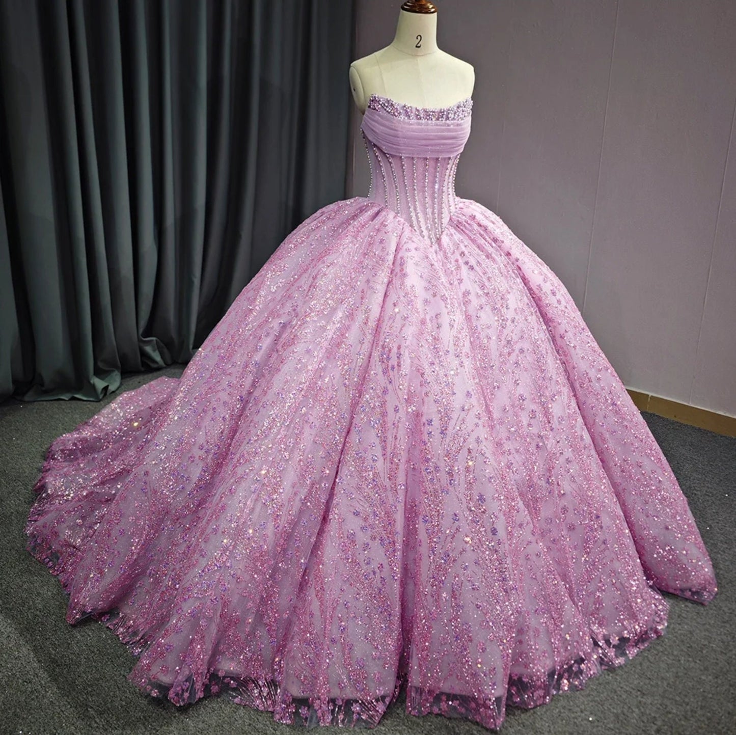Shimmering Sequinned Scoop Neck Lined Beaded Pleated Overlay Corset Style A-Line Special Occasion, Quinceañera, Sweet 16, Event Ball Gown
