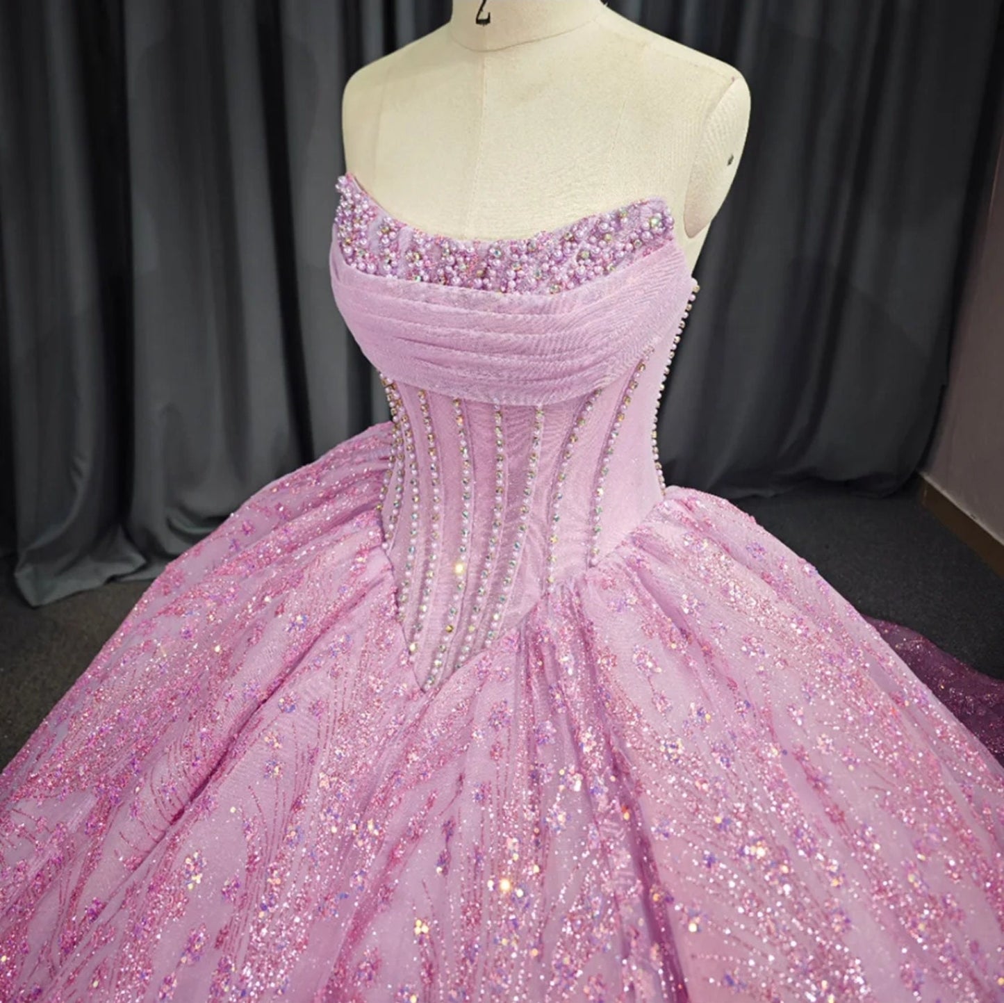 Shimmering Sequinned Scoop Neck Lined Beaded Pleated Overlay Corset Style A-Line Special Occasion, Quinceañera, Sweet 16, Event Ball Gown