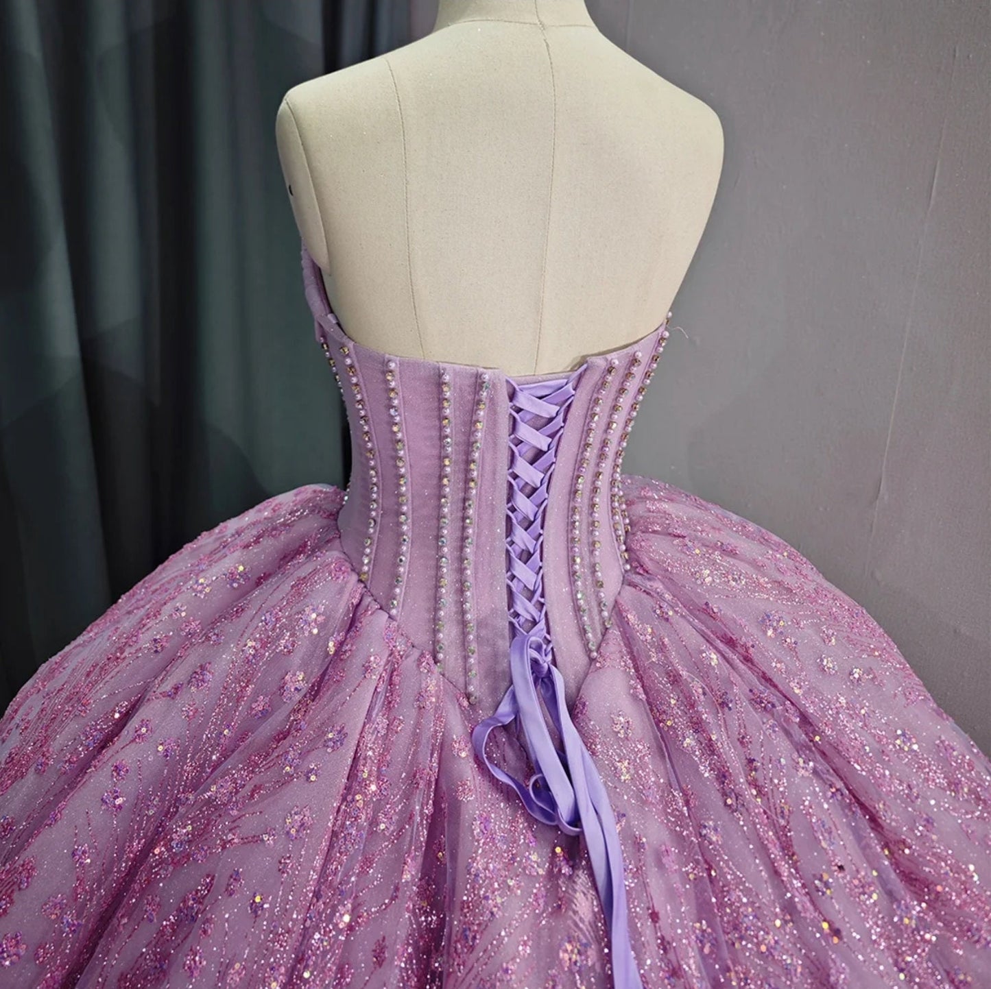 Shimmering Sequinned Scoop Neck Lined Beaded Pleated Overlay Corset Style A-Line Special Occasion, Quinceañera, Sweet 16, Event Ball Gown