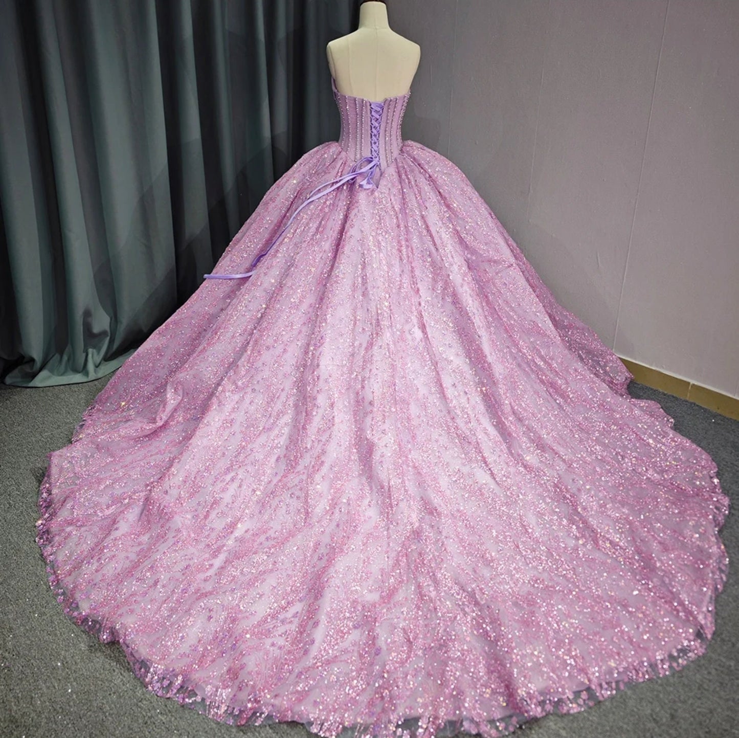 Shimmering Sequinned Scoop Neck Lined Beaded Pleated Overlay Corset Style A-Line Special Occasion, Quinceañera, Sweet 16, Event Ball Gown