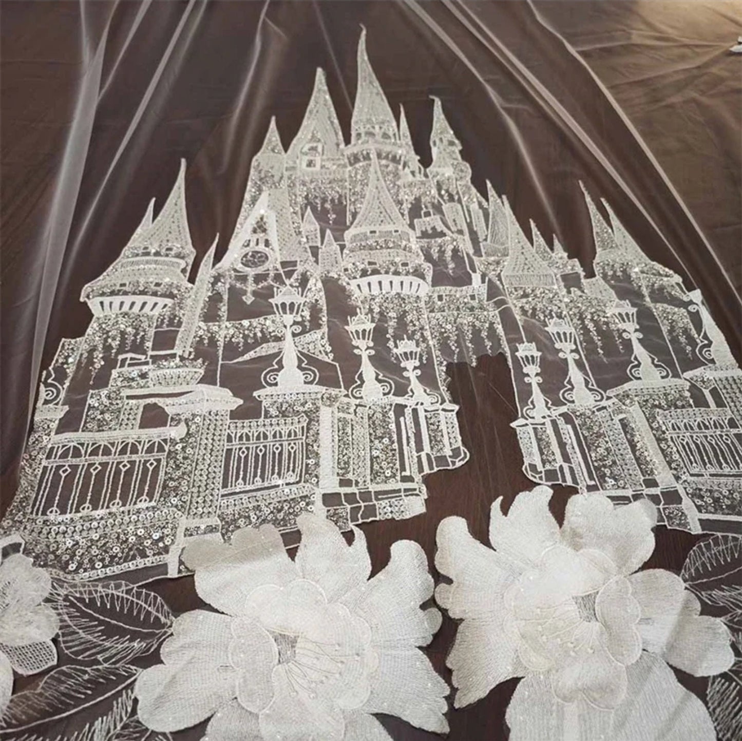 Single Tier Sequinned Floral Lace Princess Castle Bridal Veil