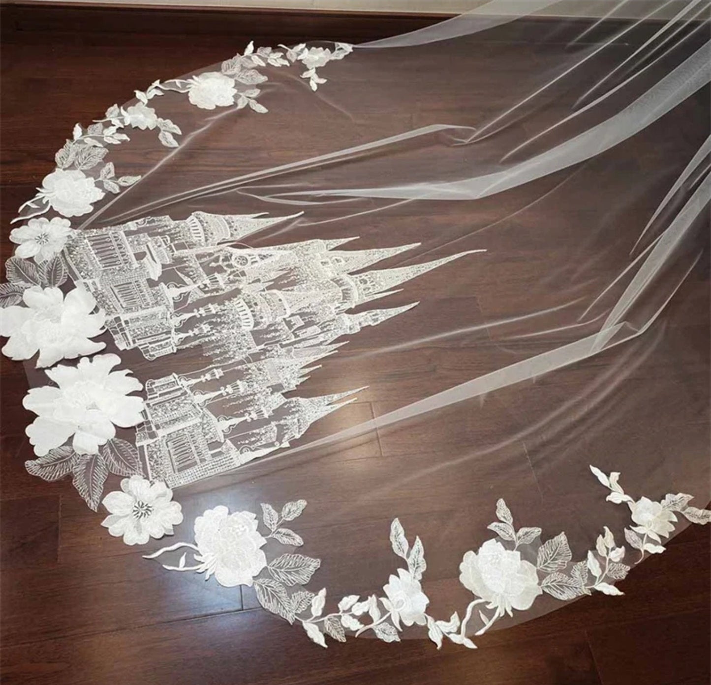Single Tier Sequinned Floral Lace Princess Castle Bridal Veil