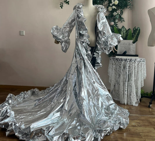 Silver Metallic Fashion Style Special Occasion, Photo Shoot, Maternity, Cosplay, Event Cape Jacket