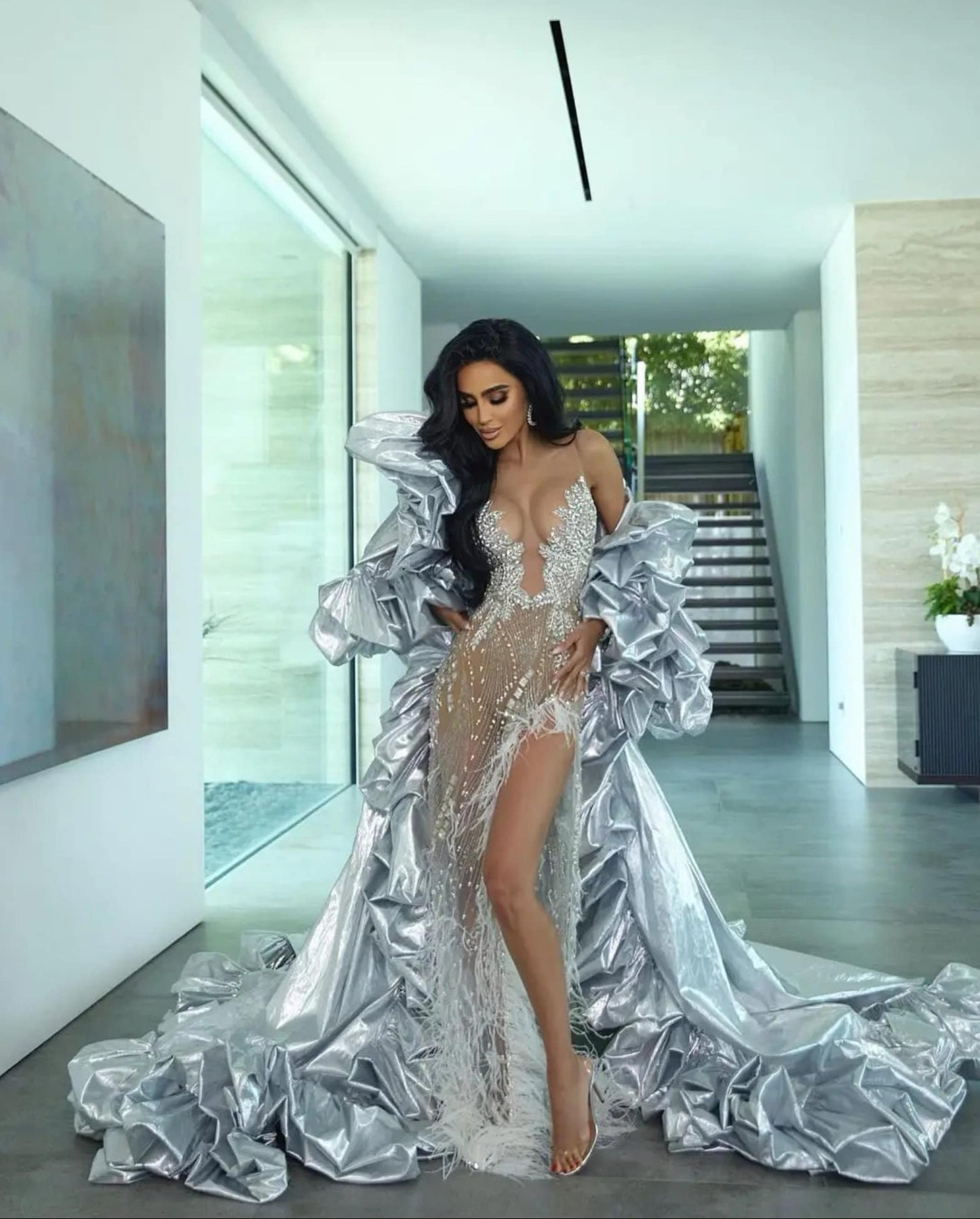 Silver Metallic Fashion Style Special Occasion, Photo Shoot, Maternity, Cosplay, Event Cape Jacket