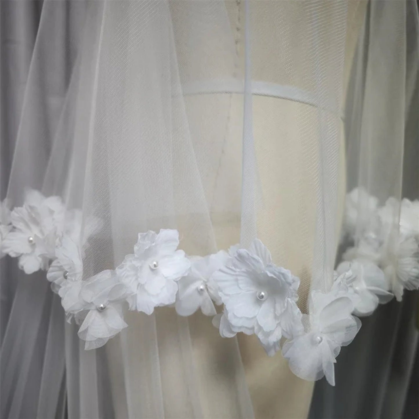 Ivory Double Layer 3D Pearl Beaded Center Floral Trim Edge With Blusher Bridal Veil