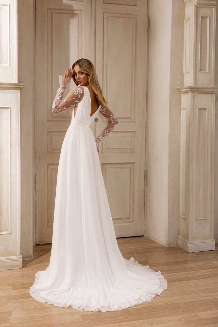 Chiffon Floral Lilly Of The Valley Plunging V Neck Pleated Bridal, Civil Ceremony, Vow Renewal Gown
