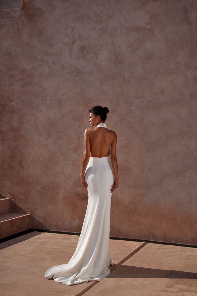 Lovely Minimalist Cross Halter Floral Detail Hollow Waist Bridal, Vow Renewal, Civil Ceremony Trumpet Gown
